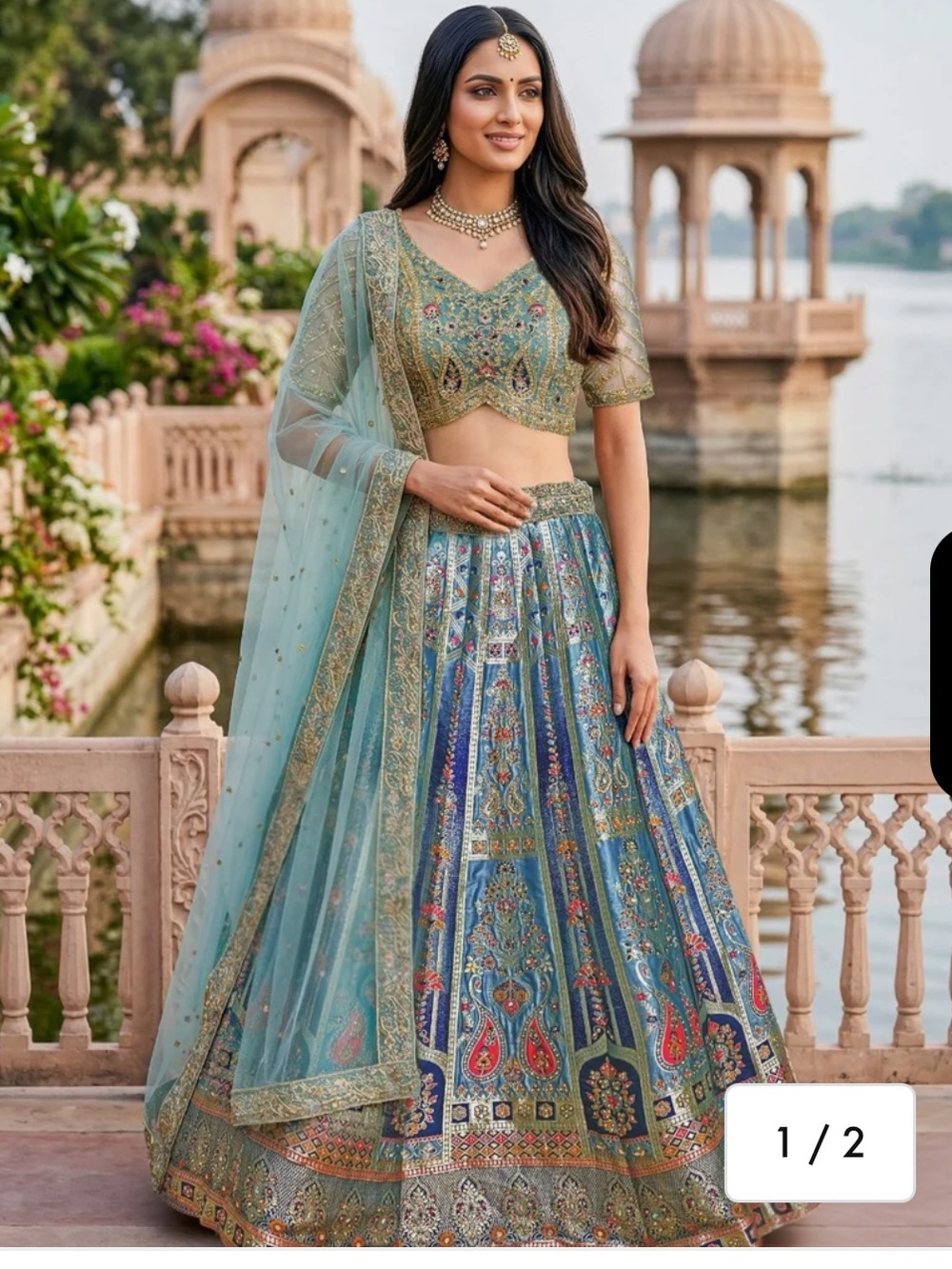Aqua Heritage Printed Lehenga Couture Set